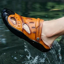 Мужские летние сандалии; кожаные туфли на танкетке размера плюс 55-56; модная пляжная обувь для мужчин; Прошитые мужские сандалии для вождения на резиновой подошве