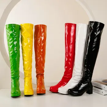 

Patent PU Leather Women Over the Knee Boots Fashion Platform Thick Heel Ladies Long Boots Party Women Winter Shoes Green Yellow