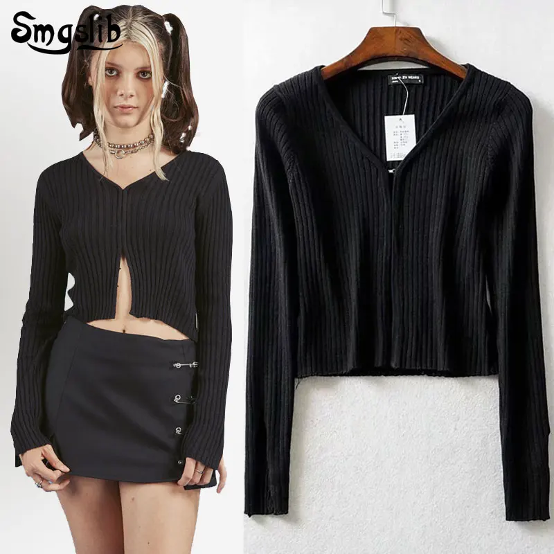 

2020 Autumn Winter Women V-neck elegant loose casual Long Sleeve covered button Crop Sweaters Jumper Pull Femme