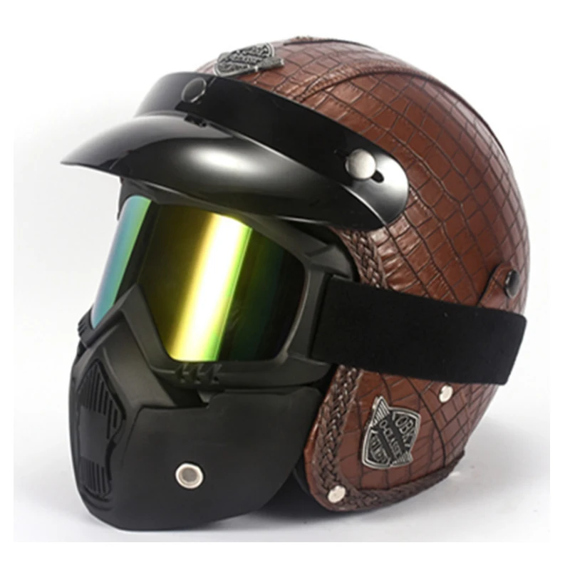 

PU Leather Helmets 3/4 Motorcycle Chopper Bike helmet open face vintage motorcycle helmet with goggle mask for harley helmet