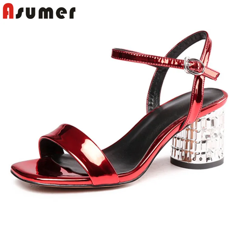

ASUMER 2020 top quality women sandals solid colors buckle square high heels sandals summer simple wedding shoes female red