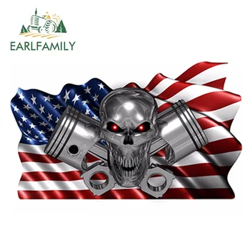 

EARLFAMILY 13cm x 7.7cm USA Checkered Flag Skull Pistons Boat Car Truck Vinyl Car Stickers Racing Decals Graphics Wrap
