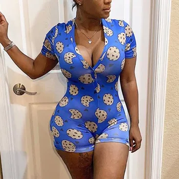 נשים סקסי V-צוואר Bodycon בגד גוף מזדמן מודפס כפתור הלבשת סרבל מכנסיים Romper בגד גוף סקסי גבירותיי קיץ פיג 'מה חמה