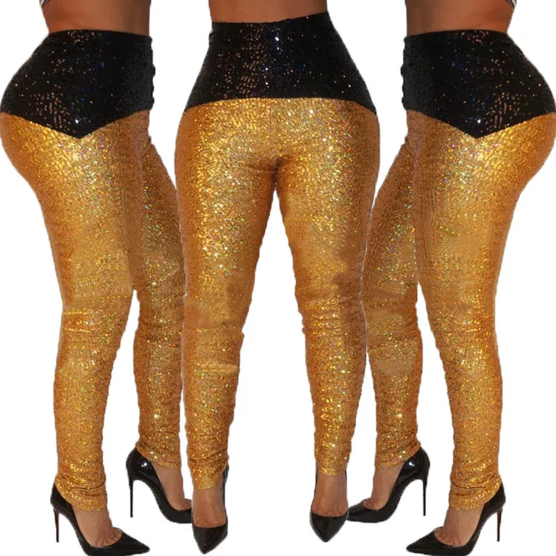 Блестящие Брюки с золотыми блестками в стиле пэчворк; женские модные брюки с высокой талией; одежда; брюки; пикантные вечерние женские длинные брюки для клуба; Сезон Зима; Новинка