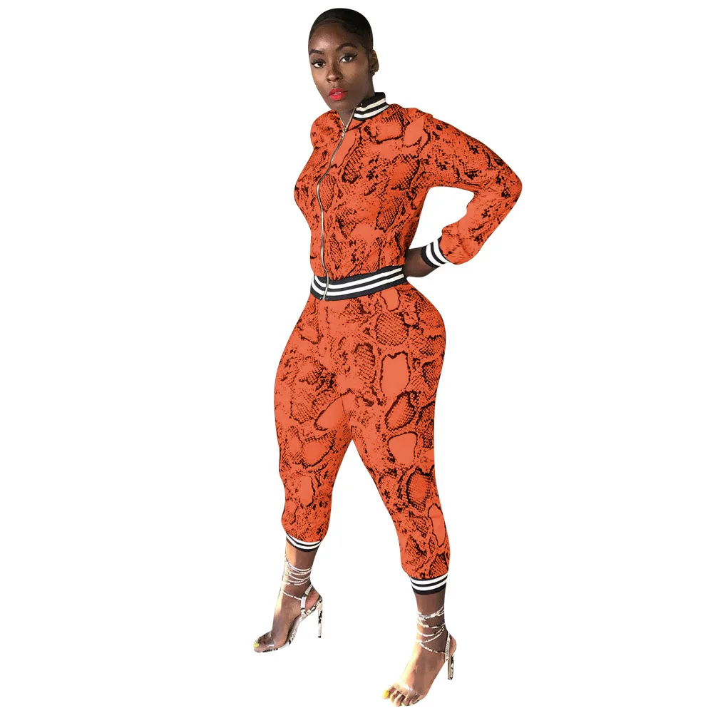 Змеиная змея две детали с принтом наборы плюс размер спортивный костюм с полосками костюм из 2 предметов модная куртка с длинными рукавами топ длинные штаны змеиная кожа наряд - Цвет: Оранжевый