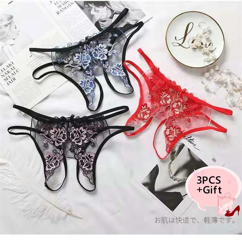 

3PCS Sexy Pretty Private Underwear Thong Panties Lace Floral Embroidered Allure Panties Erotic Elasticity Body Jewelry For Women