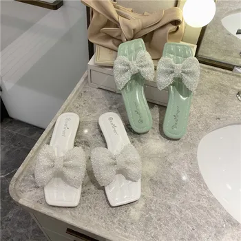 

Summer Slippers For Women's low heel flat shoes with rhinestones bow Outside Bling Beach Slides Open Toe Transparent Ladies Shoe