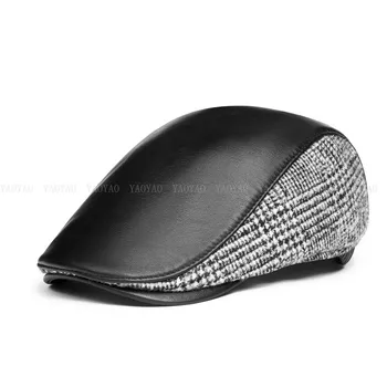 

Men Retro Genuine Leather Beret Hat Male Winter Fleece Ear Warm Fitted Forward Caps Gentleman 70% Wool Tweed Tab Jeff Hat Boina