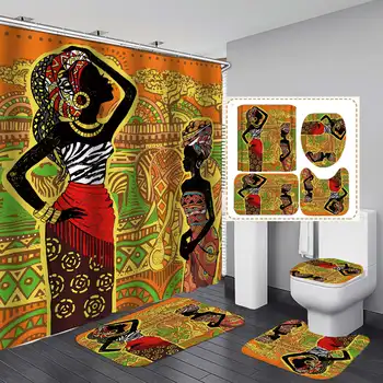 

African woman Print Shower Curtain 4 Piece Carpet Cover Toilet Cover Bath Mat Pad Set Bathroom Curtain with 12 Hooks