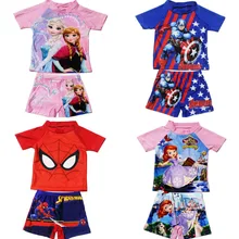 2-11Years Kids Teen Boys Swimwear 2pcs Swim Suit( T Shirt+ Trunk) Beach Swimsuits Sunblock Bathing Suit Superman Spiderman