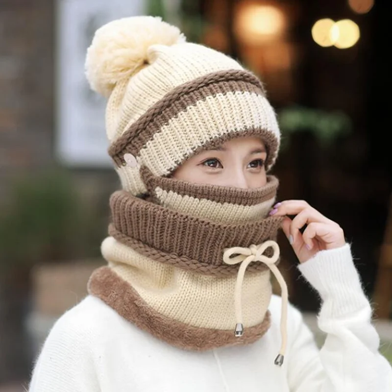 JLWS 3PC tricoté chapeau écharpe ensembles de gants pour les femmes hiver chaud laine torsion casquette Bonnet solide bandeau tricot écharpe cadeau 