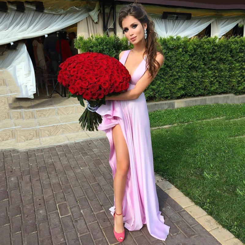 Sexy Pink Side Split Prom Dresses Deep V Neck Simple Summer Tiered Ruffles Long Formal Evening Party Gowns galajurken
