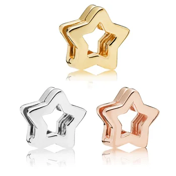 

New Authentic 925 Sterling Silver Rose Gold Stars Clips Charms Beads Fit Original Pan Bracelet For Women DIY Jewelry Gift