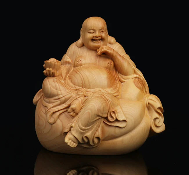 3," Китайская коробка-деревянная ручная резная сумка Maitreya Будда держит статую Yuanbao