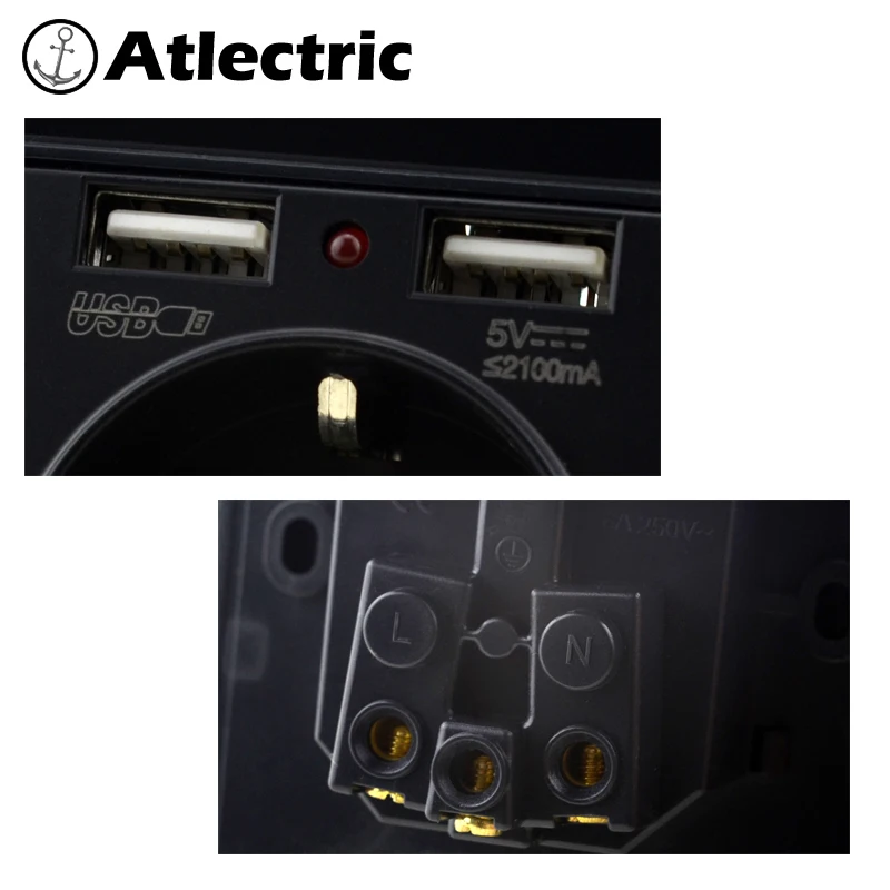 Atlectric 2A двойной USB порт настенное зарядное usb-устройство розетка 16A ЕС Россия Франция штепсельная розетка с usbнастенный адаптер для зарядки usb розетка розетки с usb
