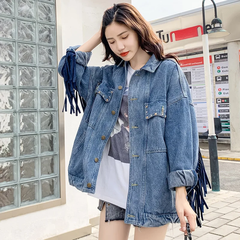 Moto Biker female spring jean jacket Punk Boho Tassel Embroidery Denim Jacket Women Blue Loose Rivet Pocket Oversize