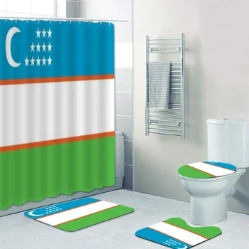

Modern Uzbek Uzbekistan Flag Bathroom Curtain Set Flag of Uzbekistan Shower Curtain with Bath Mats Set Bathtub Home Decor Gift