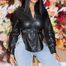 2021 Autumn Winter New European American Women Leather Jacket Splicing Leisure Lapel Button Belt Long Sleeve PU Leather Jacket