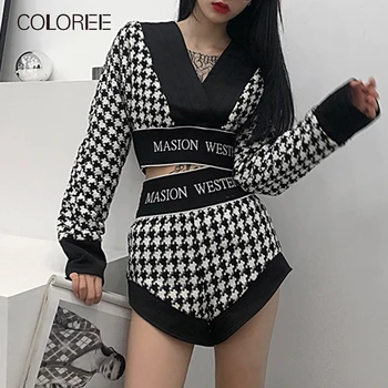

COLOREE High Quality 2020 Black And White Houndstooth 2pcs Set Women's Long Sleeve V-neck Short Tops+Shirts Ladies 2 Piece Set