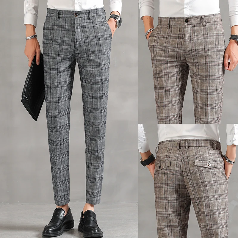 Yasuguji-pantalones de vestir a cuadros para hombre, pantalón informal ajustado hasta el tobillo, clásico, Vintage, para negocios, boda, 2020