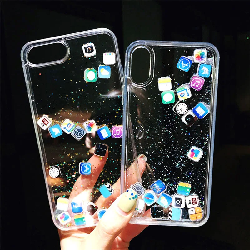 Stylish APP icon Glitter Quicksand Case For iPhone 11 12 Pro X XS Max XR 7 8 Plus unique Dynamic Liquid Hard PC Phone Cover | Мобильные