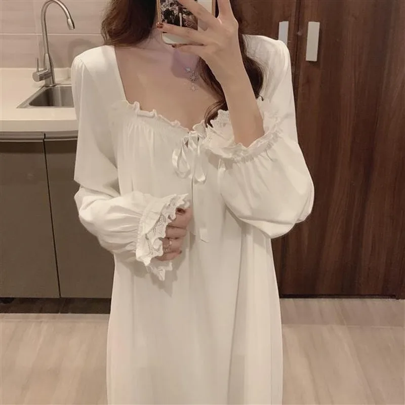 Women Nightgowns Leisure Solid Sweet 3XL Princess Style Ulzzang Lace Chic Sleepshirts Lovely Soft Home Wear Nighty White women nightgowns,women nightdresses,sleeping dress
