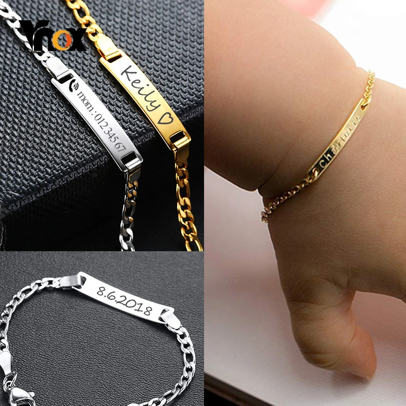 Vnox Personalize Custom Baby Name Bracelet Gold Tone Solid Stainless Steel Adjustable