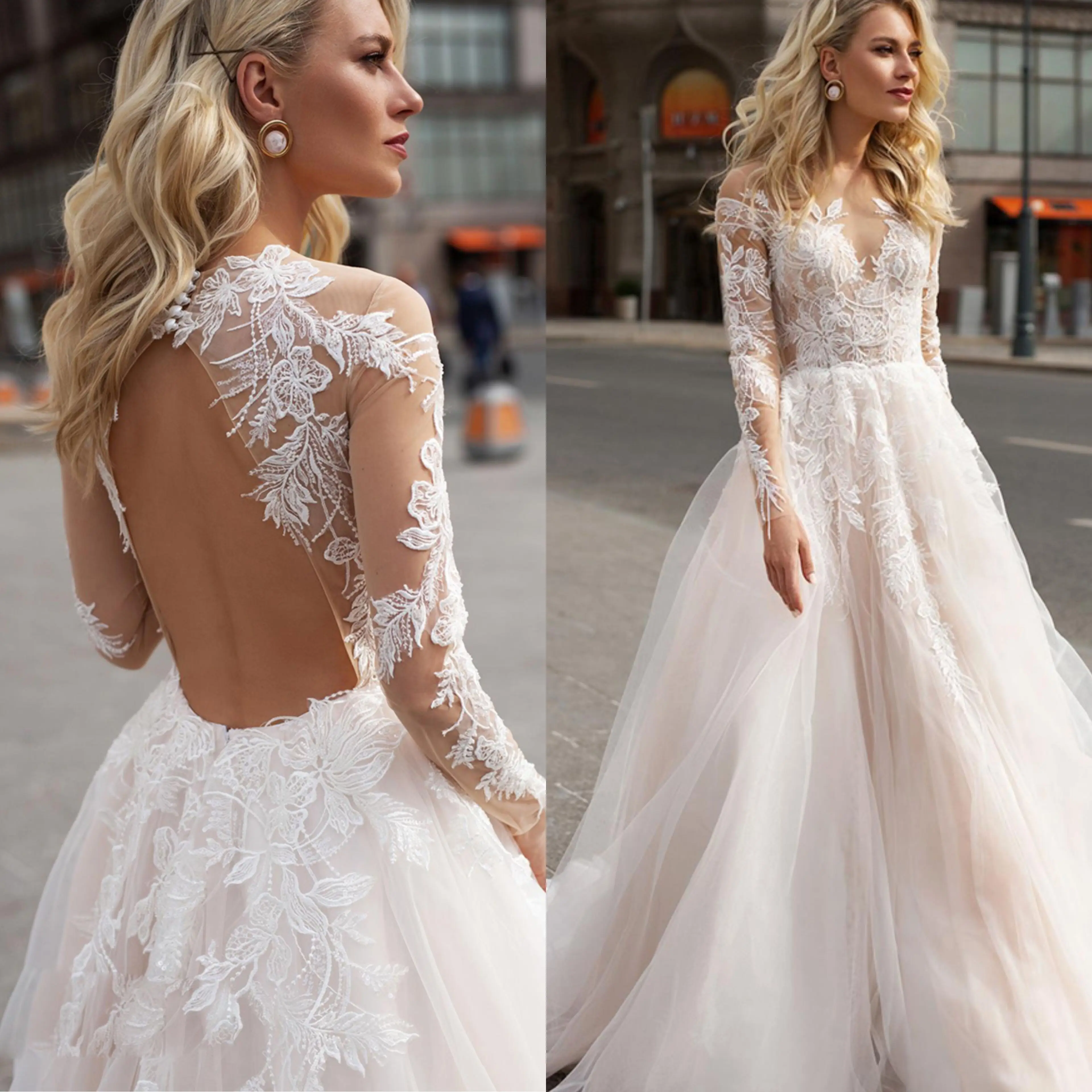 

Sexy Backless Long Sleeve Wedding Dresses A-Line Tulle Gowns Illusion Appliques Bridal Dresses vestido de noiva