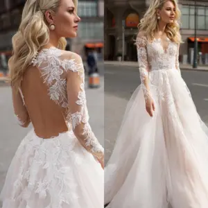 Sexy Backless Long Sleeve Wedding Dresses A-Line Tulle Gowns Illusion Appliques Bridal Dresses vestido de noiva