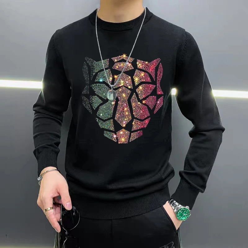 

Winter 2024 Men's Sweater Casual Round Neck Luxury Brand Hot Diamond Animal Print Street Fashion Top M-5XL