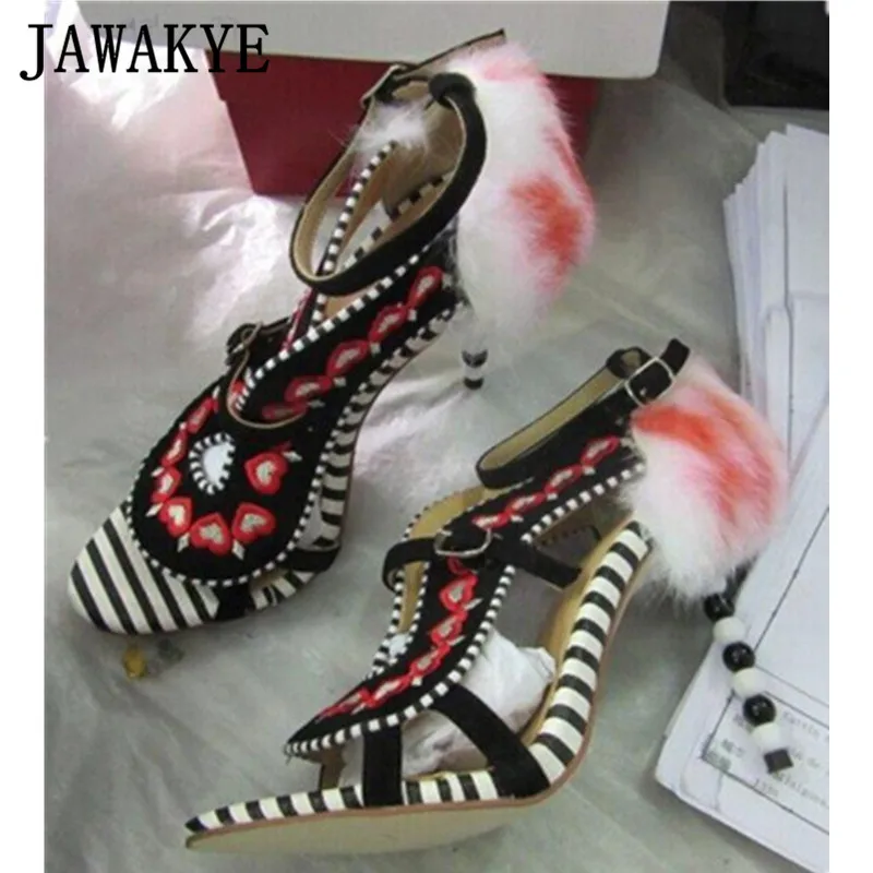 JAWAKYE/Летние Босоножки на каблуке с вышитыми перьями; женские модельные туфли на высоком каблуке с полосками зебры; женские сандалии с мехом; обувь для вечеринок