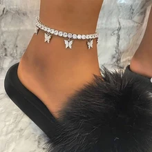 SUMENG 2021 Butterfly Anklet Rhinestone Tennis Chain Foot Chain Jewelry For Women Summer Beach Anklet Butterfly Barefoot Chain