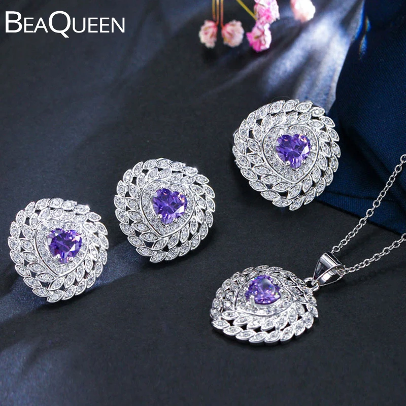 

BeaQueen Lovely Heart Cut Purple Crystal Cubic Zirconia Women 3pcs Ring Earring Necklace Jewelry Sets for Party Gift JS114