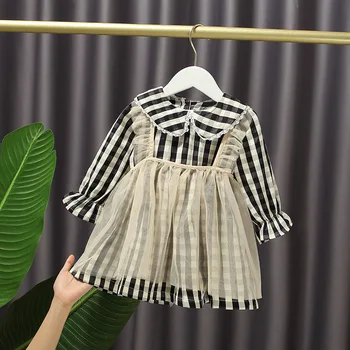 

Korean-style Sweet Girl's Dress Autumn Children's Plaid Dress Popular Mesh Princess Dress Above Knee, Mini Cute Cotton Full