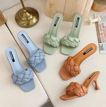 

2020 New Design Weave Women Slipper Ladies Thin High Heel Sandal Open Toe Slip On Summer Outdoor Slides Flip Flop Shoe