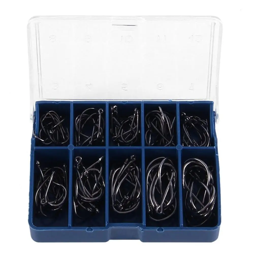 

2020 hot Durable 1 Set 100 Pcs 10 Sizes Black Silver Fly Fishing Hook With Hole Carp Fishing Gear Hooks Tackle Carry Box New
