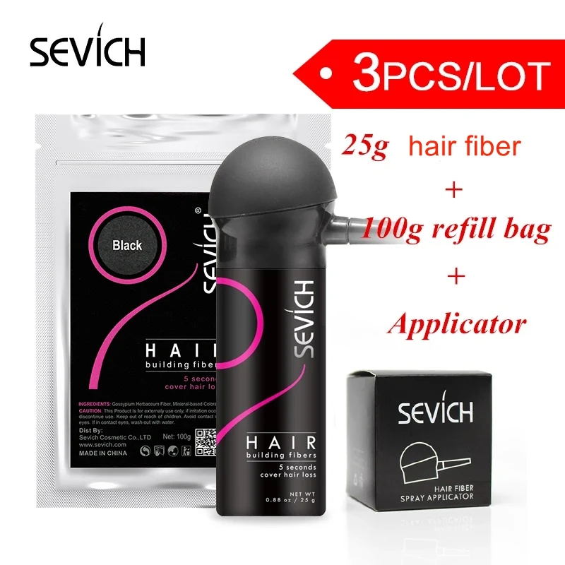 Sevich Hair Building Fiber Styling Color Powder refill 100g+gel 25g+Applicator Extension Keratin Thinning Hair Spray 3pcs/lot hair building powder hair building fibers