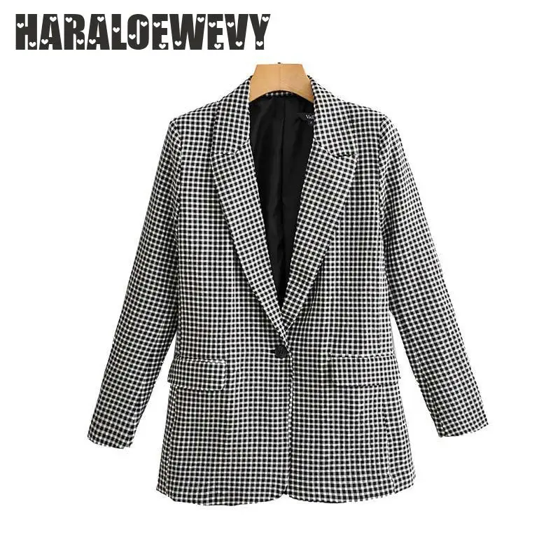 

Women Formal Plaid Blazer Notched Collar One Button Pockets Long Sleeve Coat Female Office Wear Chic Tops