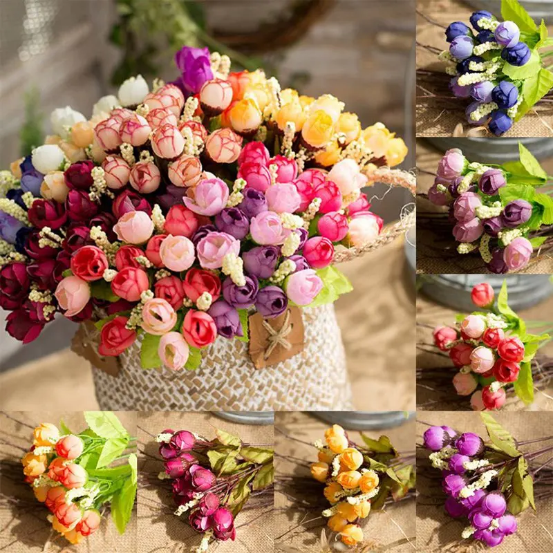 

15heads /bunch Artificial Flowers Mini Tea Rose Bud For Wedding Home Decoration Jewelry Accessories DIY Craft Supplies