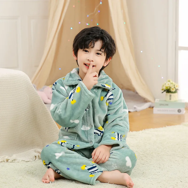 children's robe and slipper set New 2020 Kids Boys Girls Autumn Winter Flannel Warm Pajama Sets Cartoon Print Lapel Tops with Pants Sleeping Clothing Sets baby robe  Sleepwear & Robes