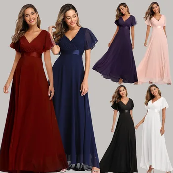 

Simple Pink Bridesmaid Dresses Party Gowns Ruffles Short Sleeves V-neck Wedding Guests Dress Cheap Stock Robe