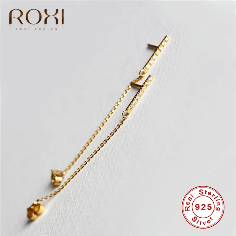 ROXI 925 пробы, сереьряные серьги гвоздики для женщин, Для женщин женский цепь кисточкой серьги корейский, геометрической формы для отдельной стойки с украшением в виде кристаллов, серьги, ювелирное изделие