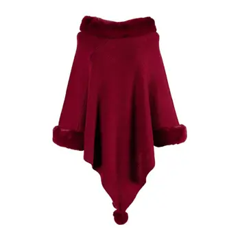 

Women Winter Knitted Sweater Shawl Wrap Plush Trimmed Pompom Tassel Poncho Cape F42F