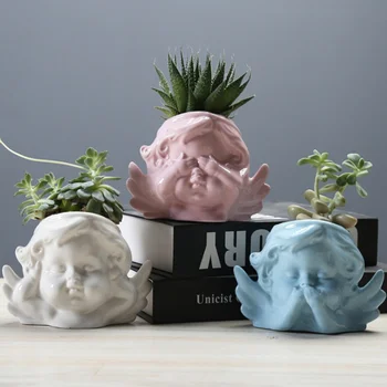 

Ceramic Prayer Angel Flower Pot Desktop Vase Resin Succulents Plant Pot Face Flower Pot Home Micro Landscape