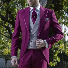 Новейшие свадебные костюмы с остроконечным лацканом, атласная ткань, высокое качество, дизайн, мужские формальные костюмы, жених, три предмета