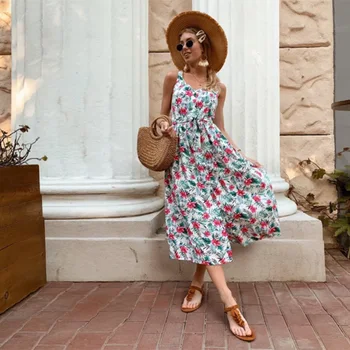 

Women Bohemian Flower Printed A-line Party Dress Spagetti Strap Sexy V neck Elegant Casual Dress 2020 Summer New Fashion Dress