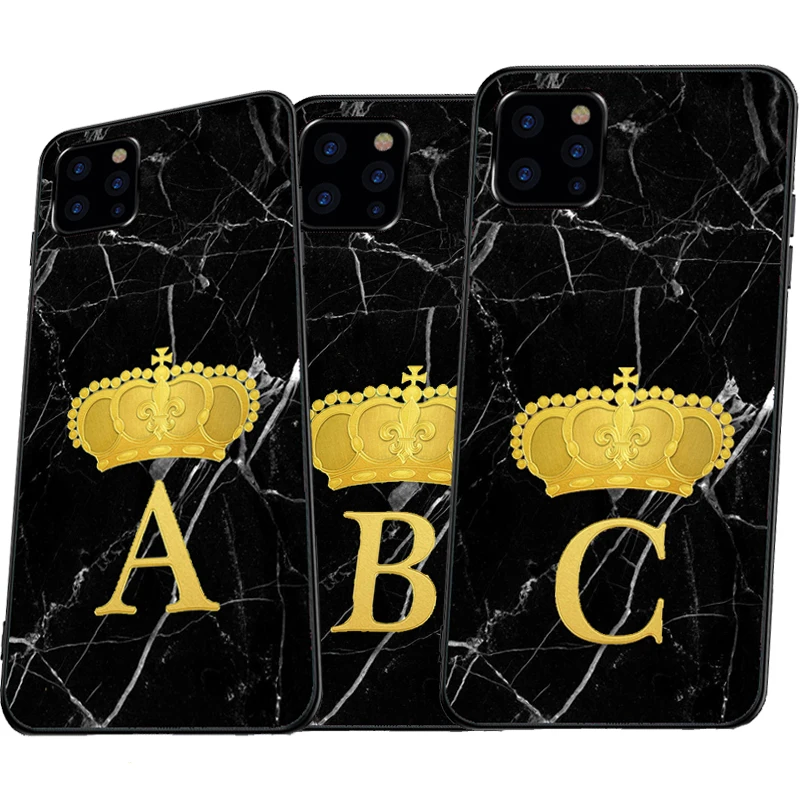 Custom name Letter Monogram Black Marble Gold crown Soft TPU Phone Case For iphone 11 11Pro X 5S 6s Plus 7 8 plus XS Max XR | Мобильные