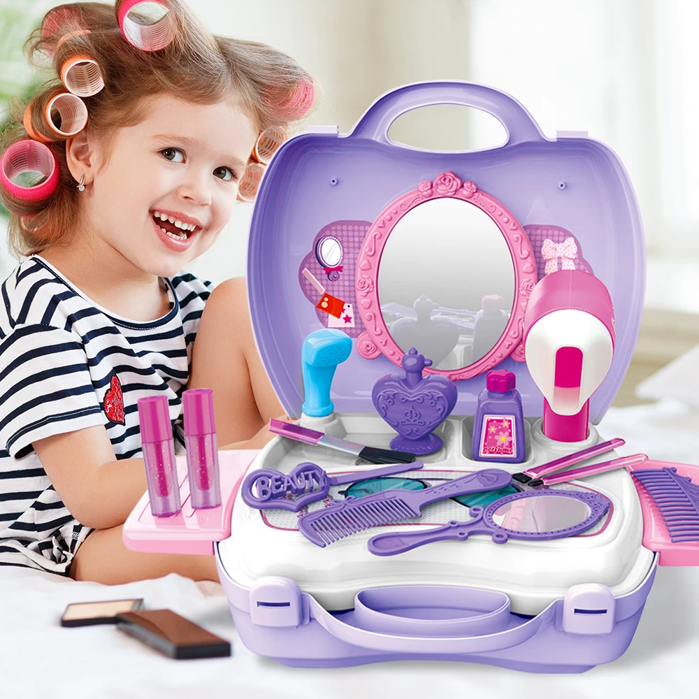 

Pretend Play Kid Make Up Toys Pink Makeup Set Princess Hairdressing Simulation Plastic Toy For Girls Makeup Suitcase Toys Gifts