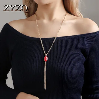 

ZYZQ Vintage Enthic Chinese Style Necklace For Women With Red Stone Setting Long Tassel Noble Accessories Jewelry Necklace