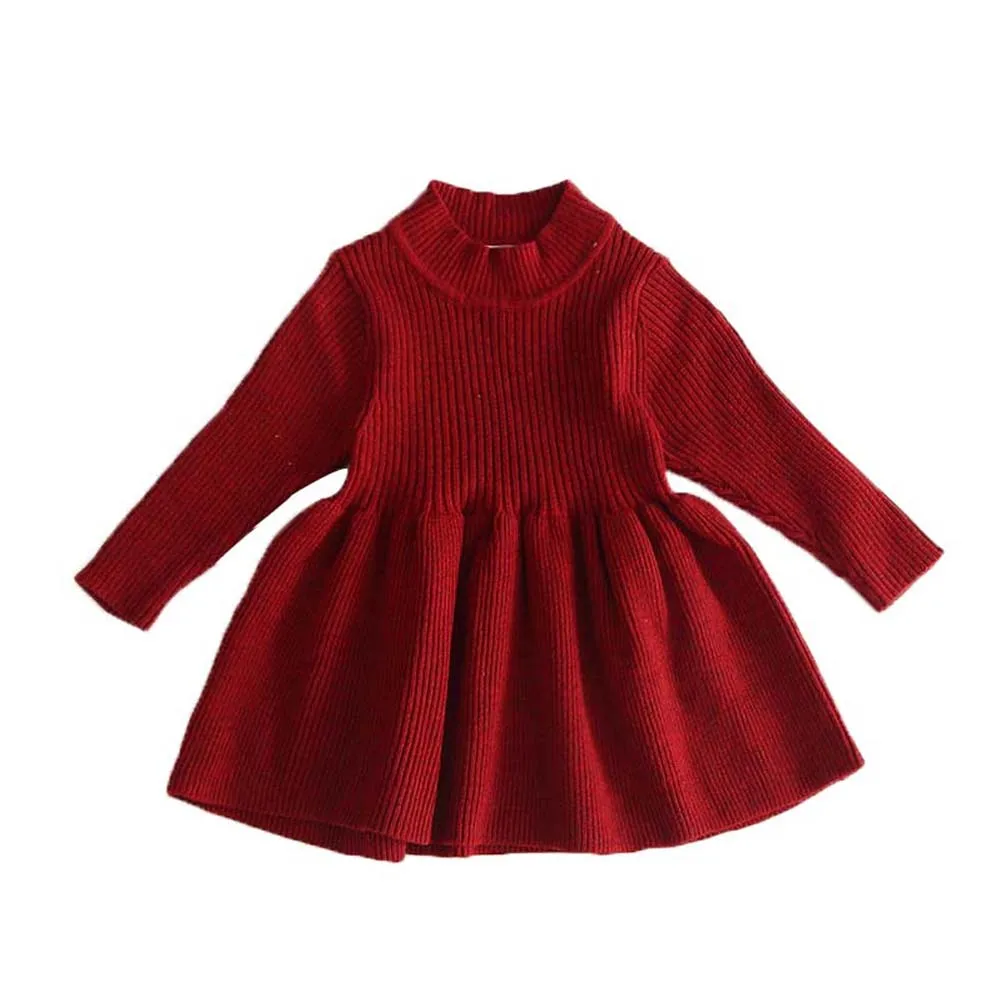 Wine Red Коллекция года, осенне-зимняя одежда для малышей вязаное платье для маленьких девочек Теплые платья с длинными рукавами однотонные вечерние платья в рубчик - Цвет: Wine Red
